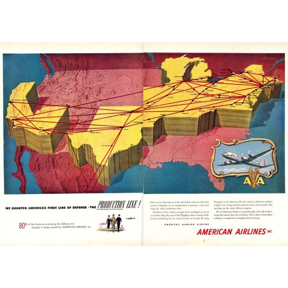 1951 American Airlines AA US Route Map 2 Page Vintage Print Ad Avgeek Wall Art